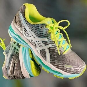 Excellent ASICS GEL NIMBUS 18 Grey Turquoise Lime Womens 7.5 US Medium 39 EUR